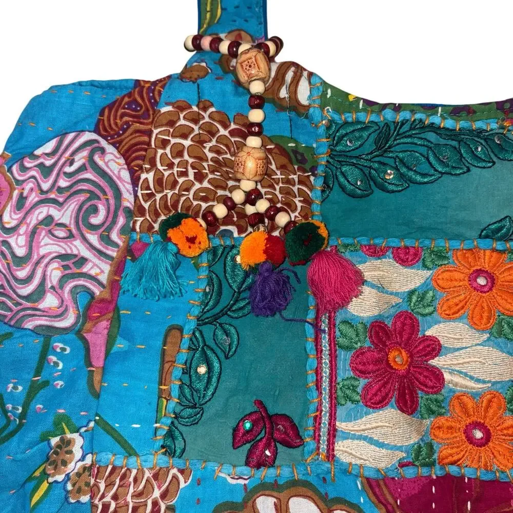 Tribe Azure Boho Patchwork Oversized Tote Bag Blue Handcrafted Embroidered - Picture 10 of 10